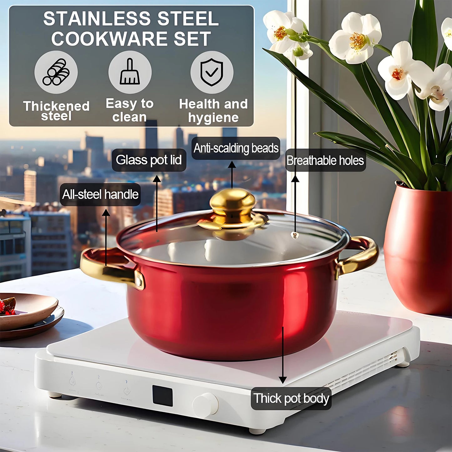 12-Piece Red Stainless Steel Cookware Set