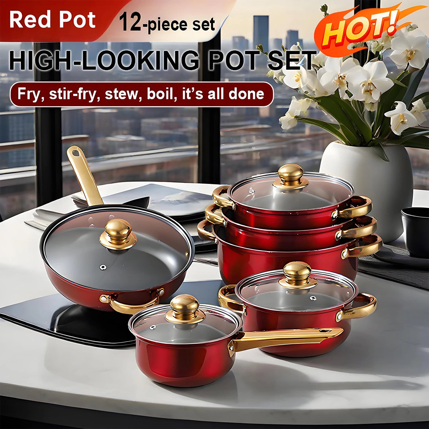 12-Piece Red Nonstick Stainless Steel Cookware