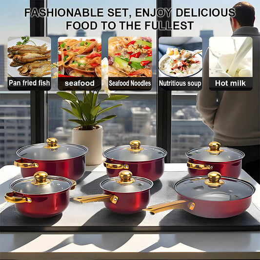 12-Piece Red Stainless Steel Cookware Set