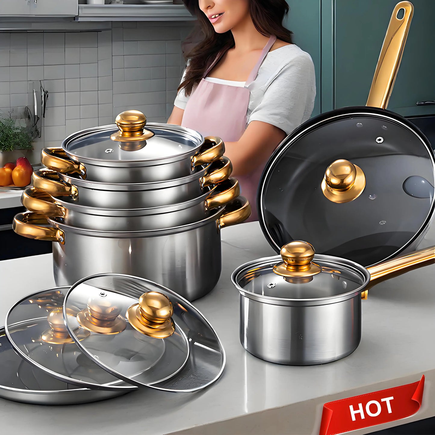 12-Piece Red Nonstick Stainless Steel Cookware