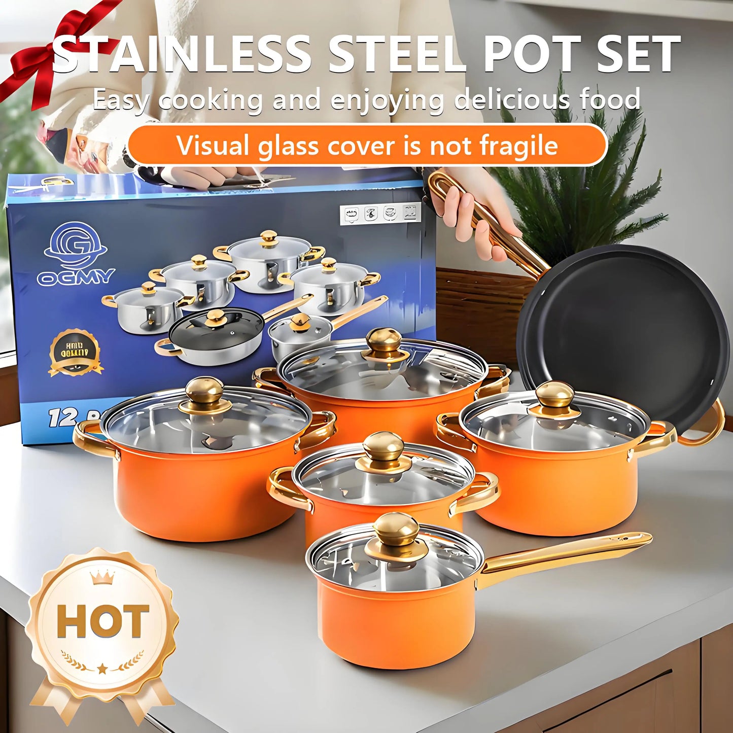 12-Piece Red Nonstick Stainless Steel Cookware