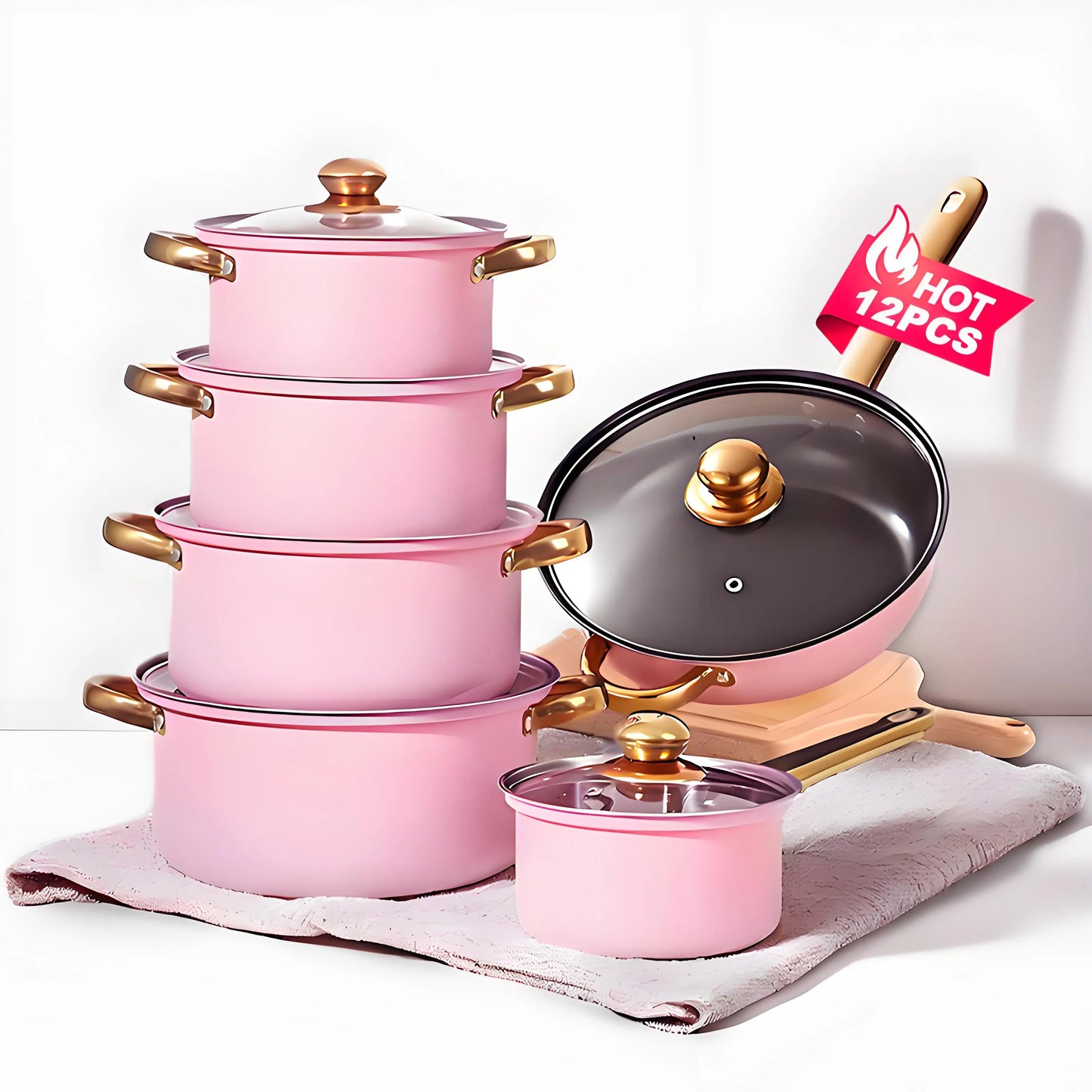 12-Piece Red Nonstick Stainless Steel Cookware