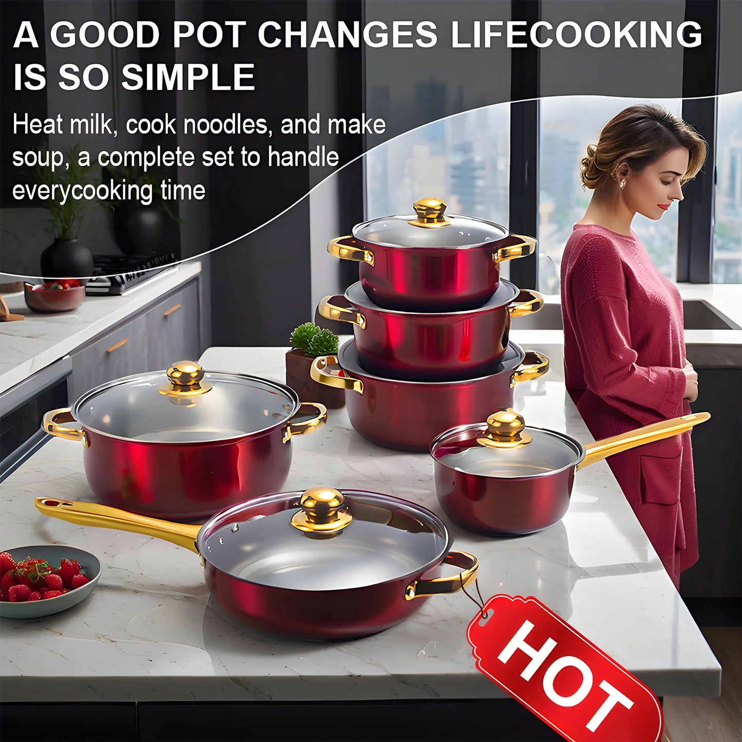 12-Piece Red Stainless Steel Cookware Set