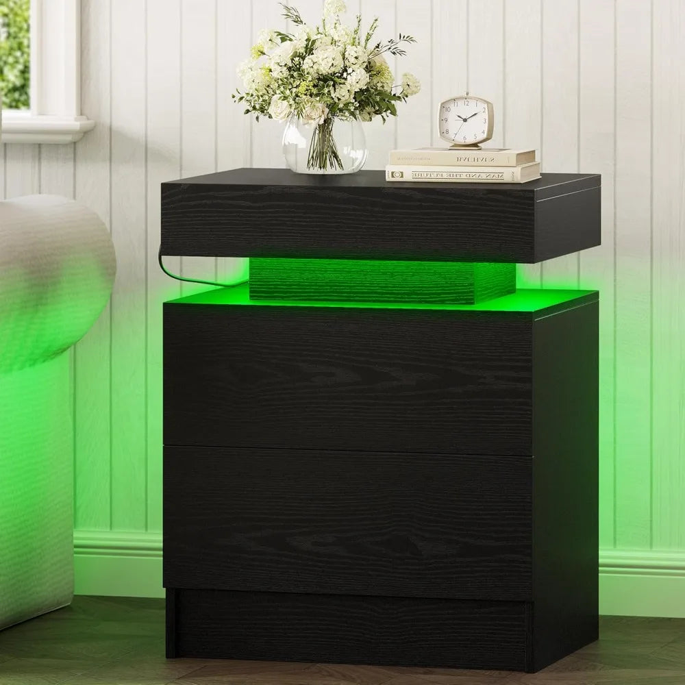 Modern Black LED Nightstand Set Bedside