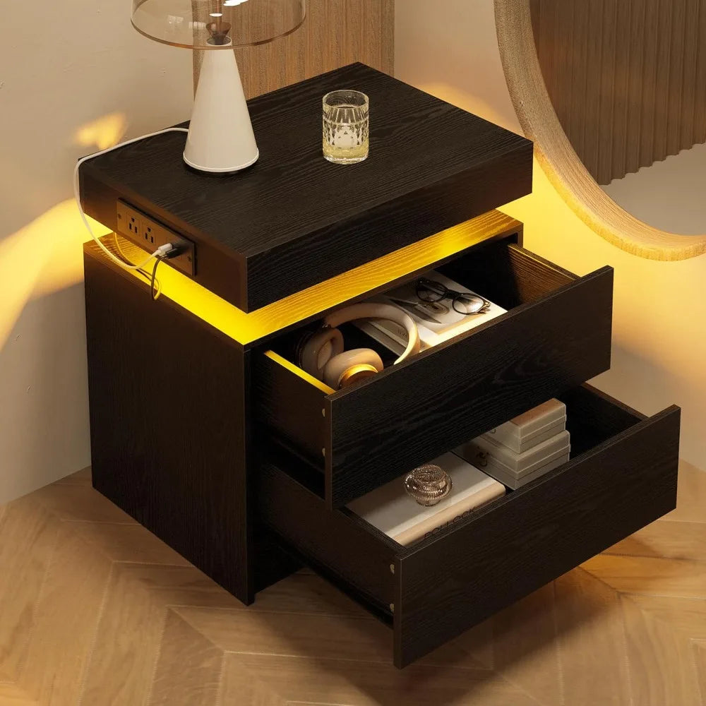 Modern Black LED Nightstand Set Bedside