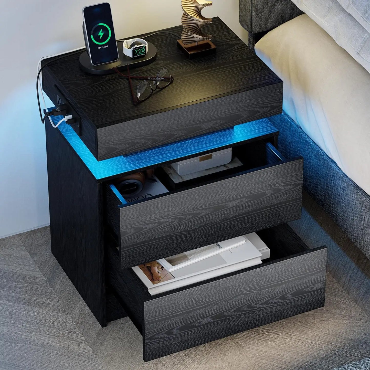 Modern Black LED Nightstand Set Bedside