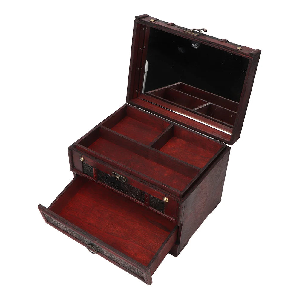 Vintage Wooden Jewelry Storage Box with Mirror