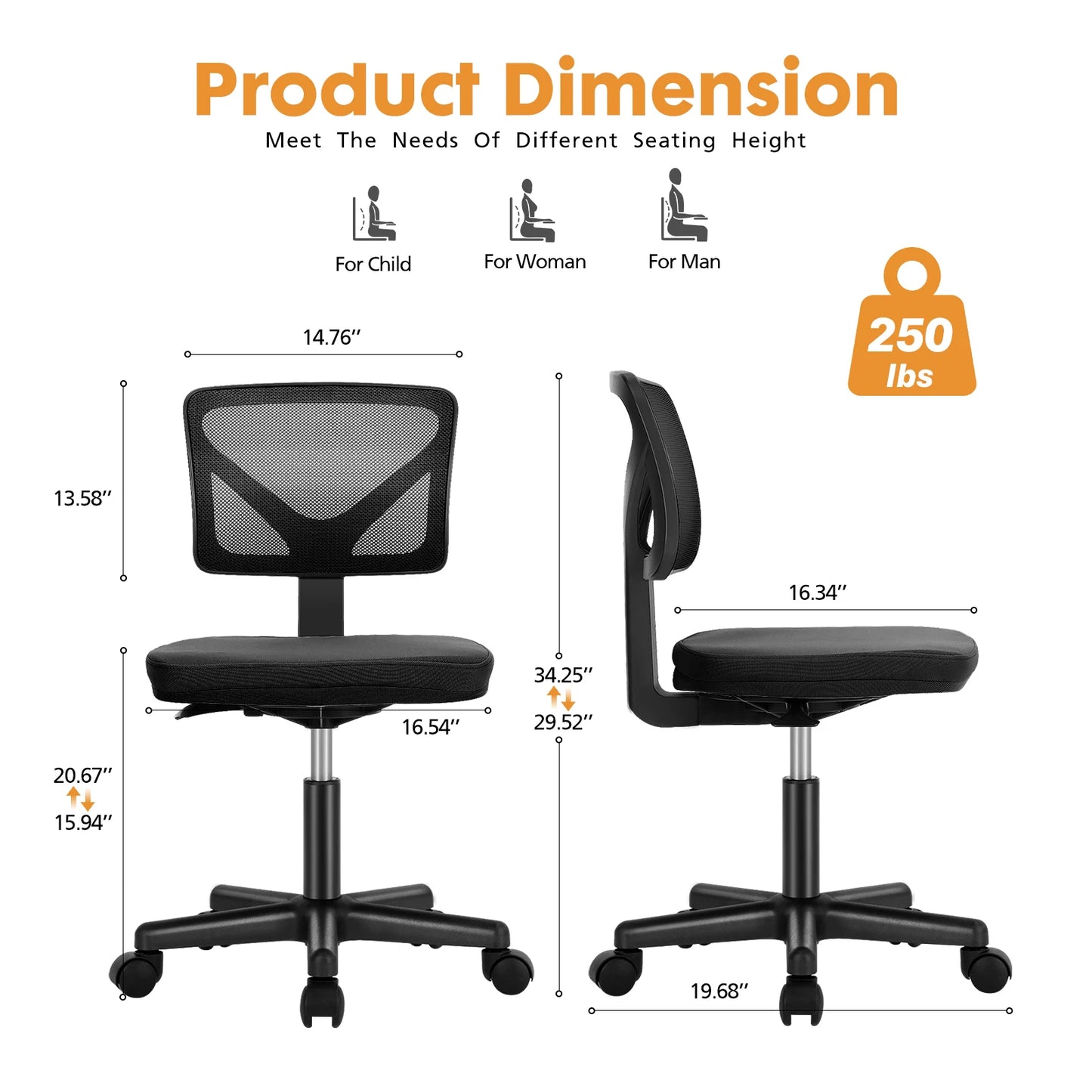 Mesh Armless Office Chair Lumbar Support Swivel