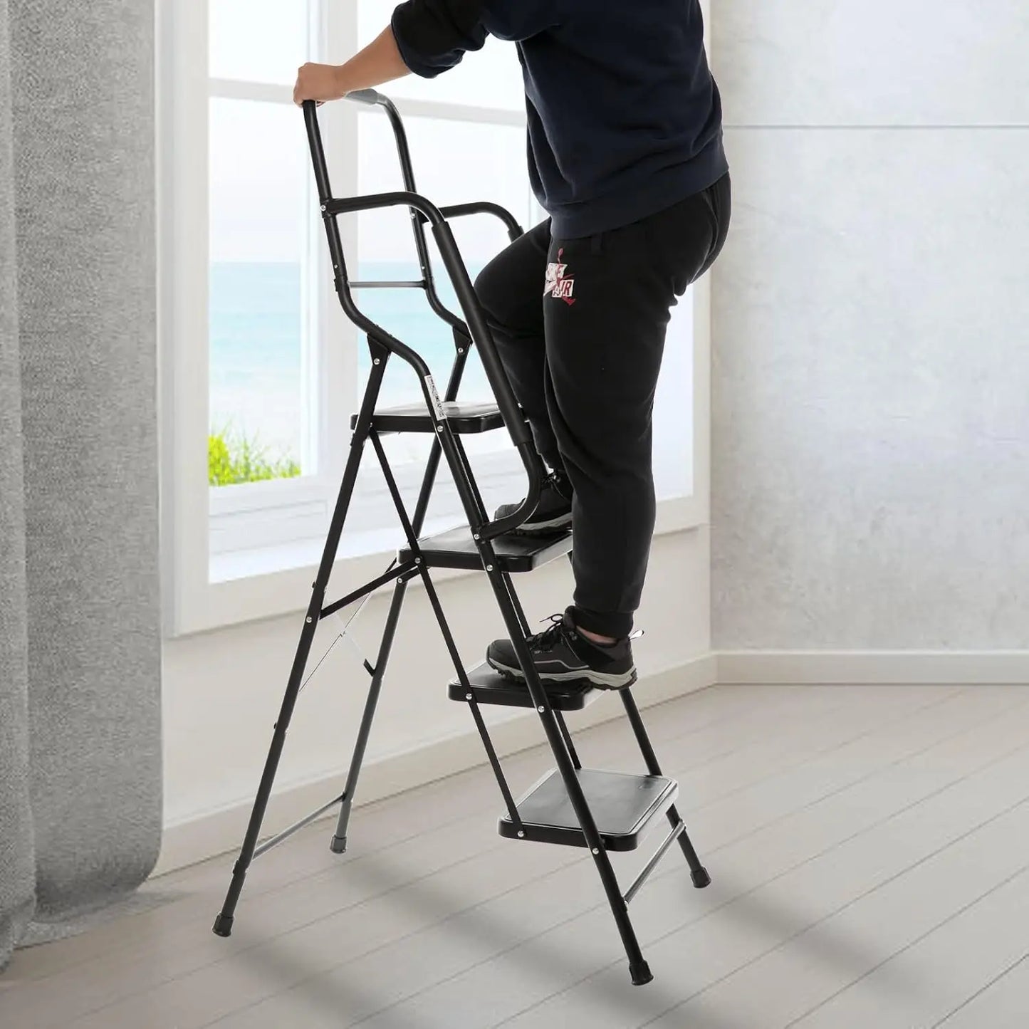 4-Step Folding Ladder with Handrails Steel