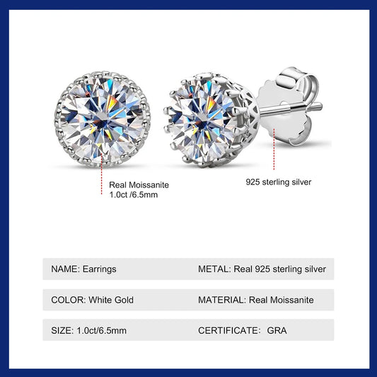 Certified 1ct Moissanite Stud Earrings - 925 Sterling Silver Unisex Fine Jewelry