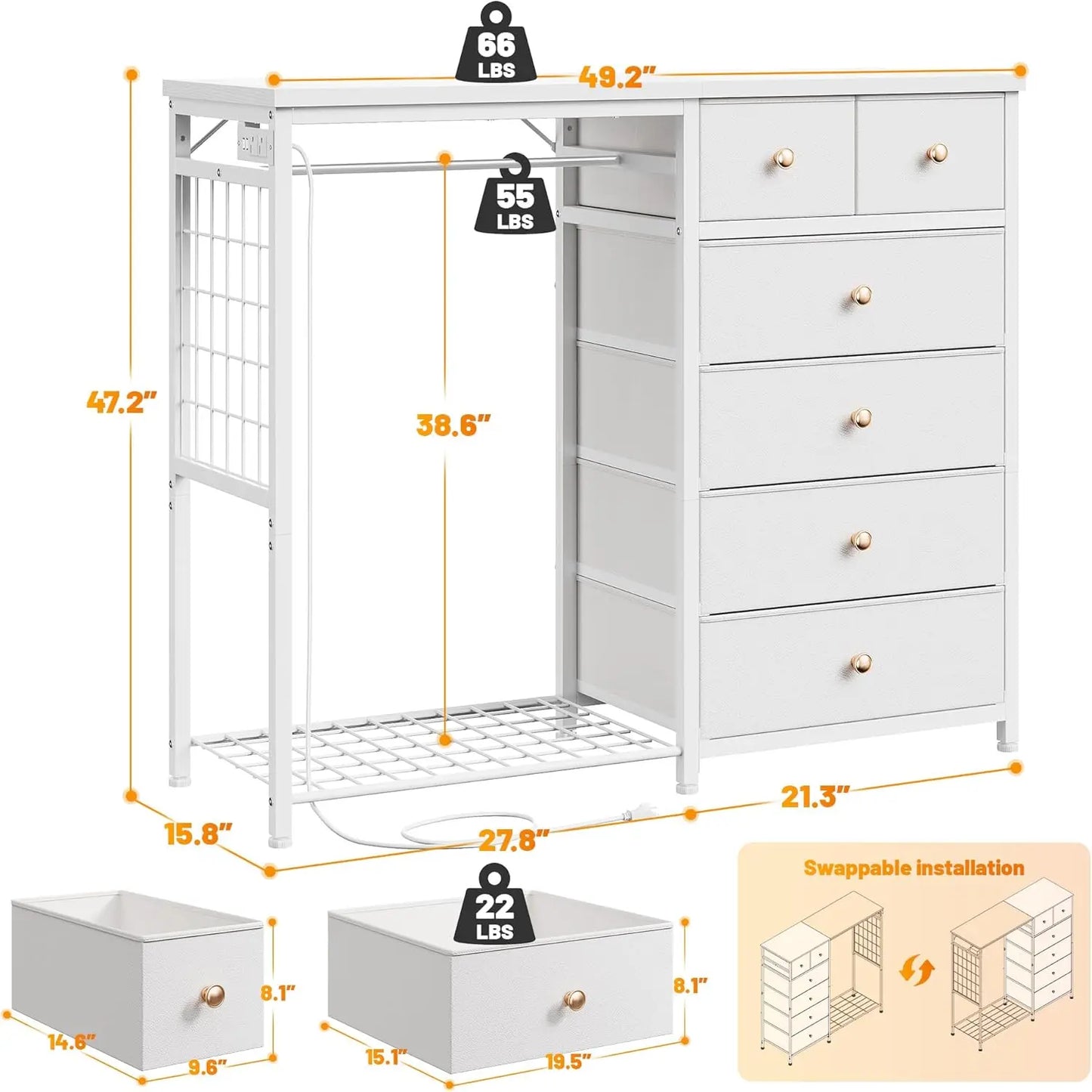 White Dresser LED Fabric Bedroom Storage Organizer