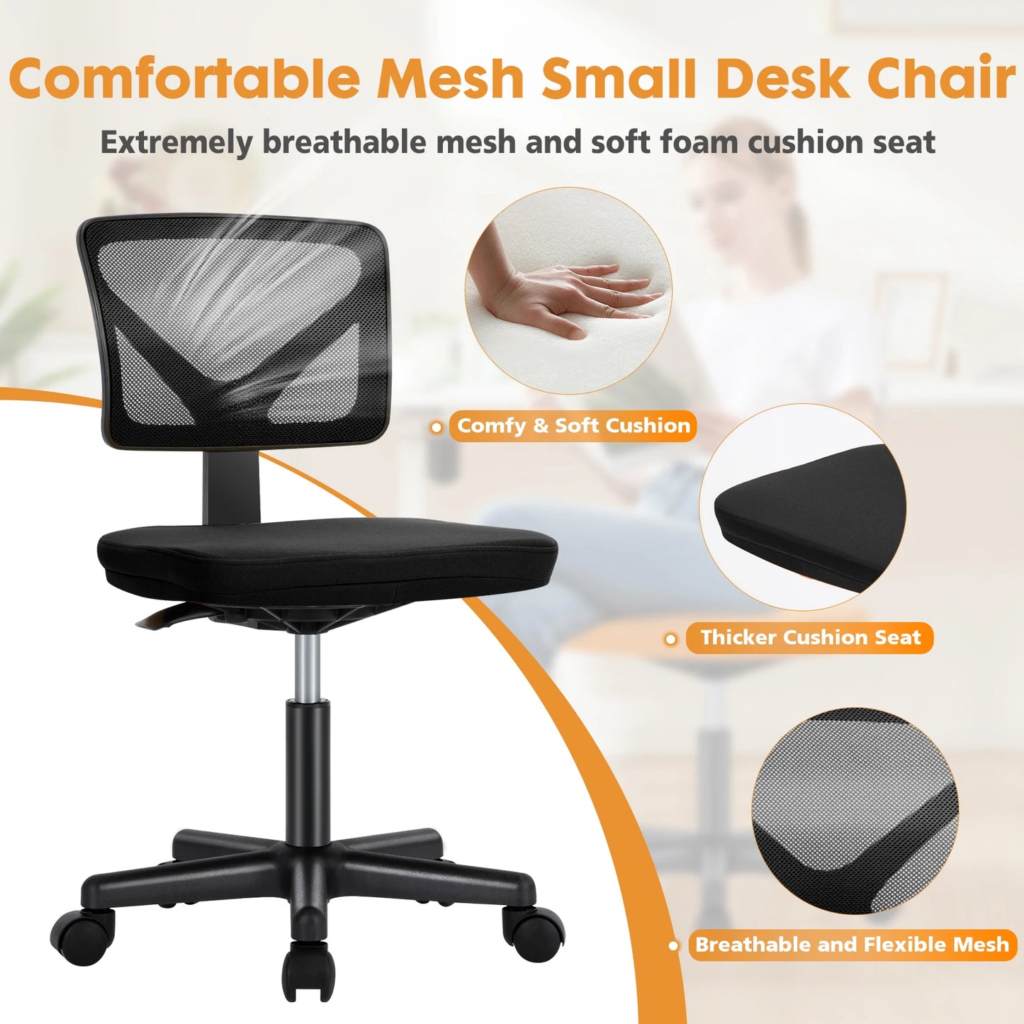 Mesh Armless Office Chair Lumbar Support Swivel