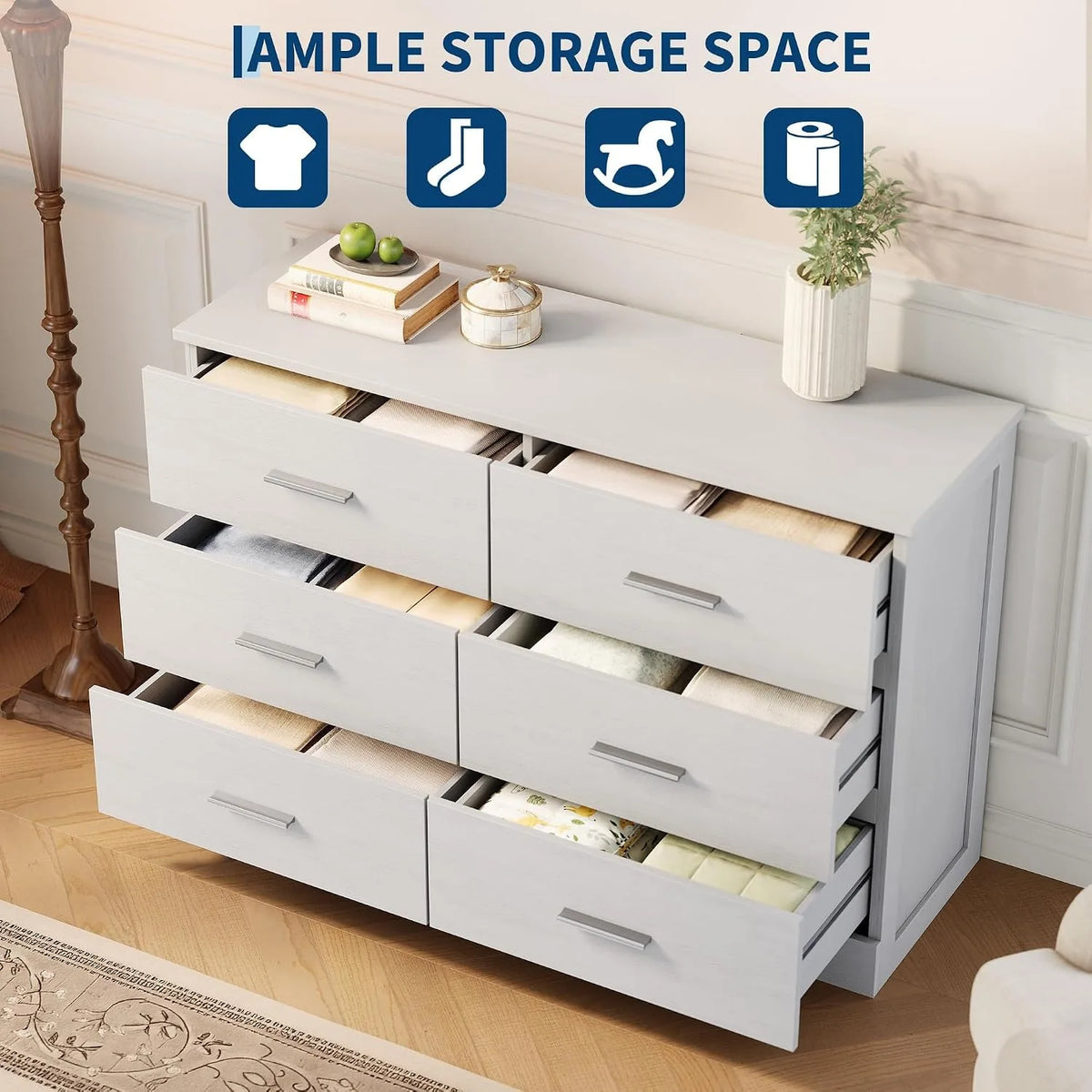6-Drawer Wood Storage Dresser with Metal Handles
