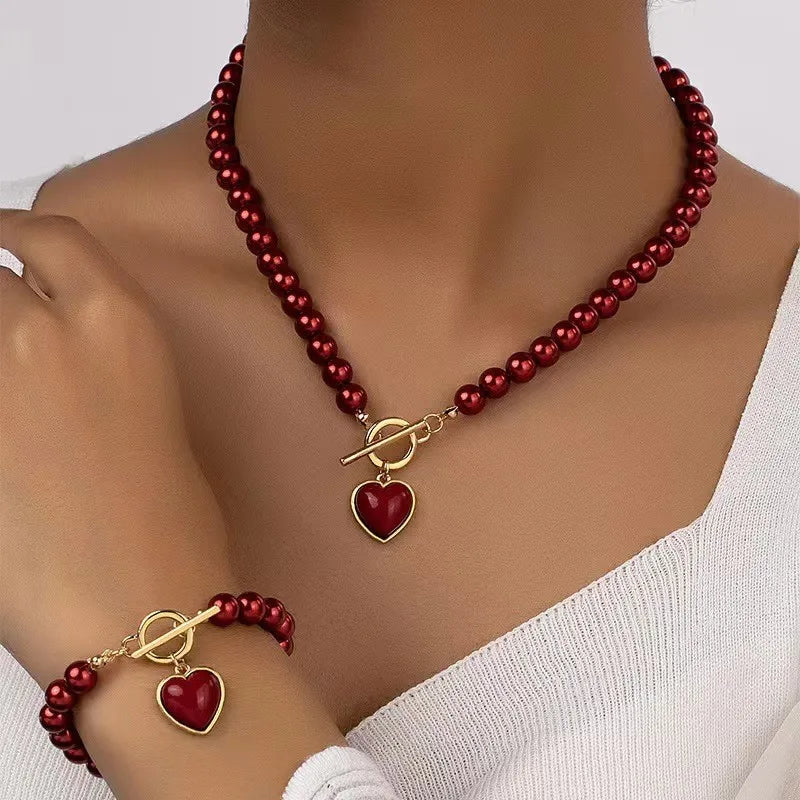 Women’s Pearl Love Necklace Bracelet Jewelry Set