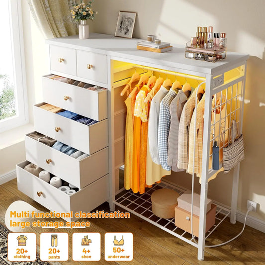 White Dresser LED Fabric Bedroom Storage Organizer