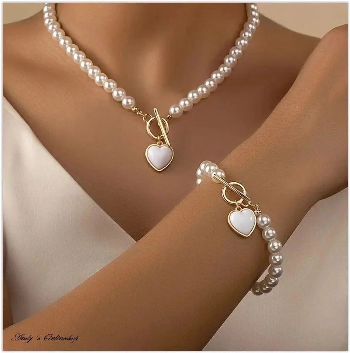 Women’s Pearl Love Necklace Bracelet Jewelry Set