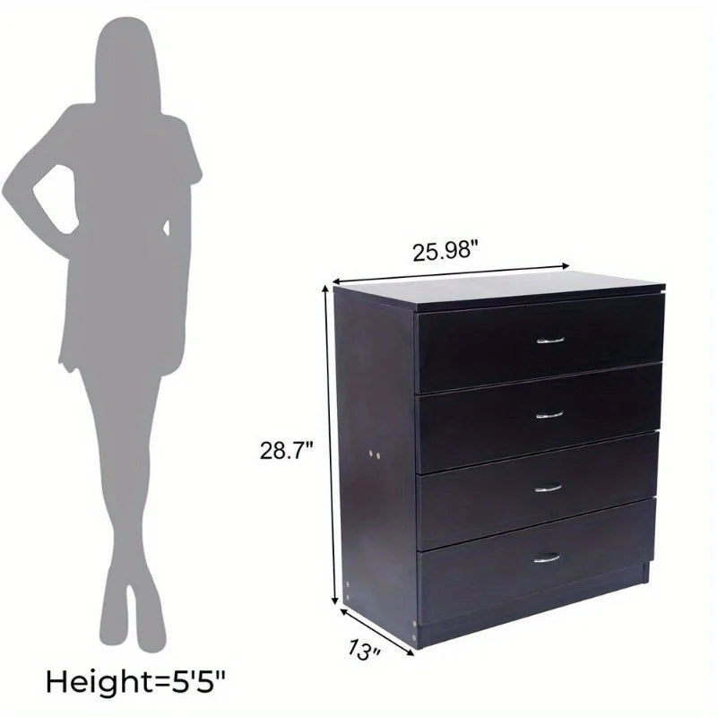 4-Drawer Black Chest Bedroom Dresser Storage