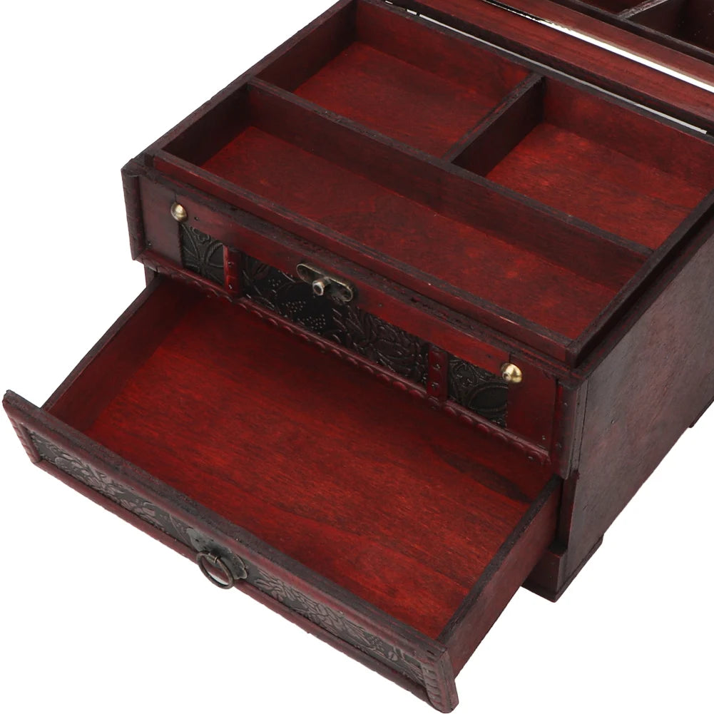 Vintage Wooden Jewelry Storage Box with Mirror