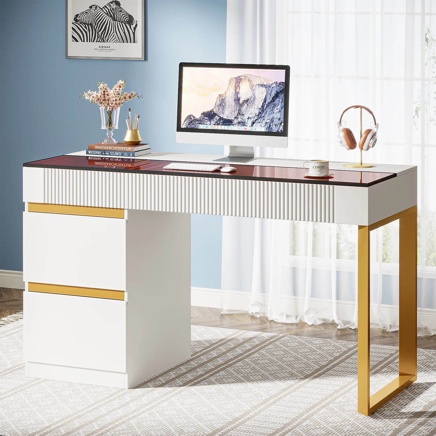 47" Modern White Gold Computer Desk