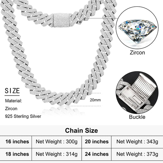 Men's 20mm 3-Row Iced Out Cuban Link Chain | 925 Sterling Silver Hip Hop Jewelry | High Quality AAA+ Cubic Zirconia