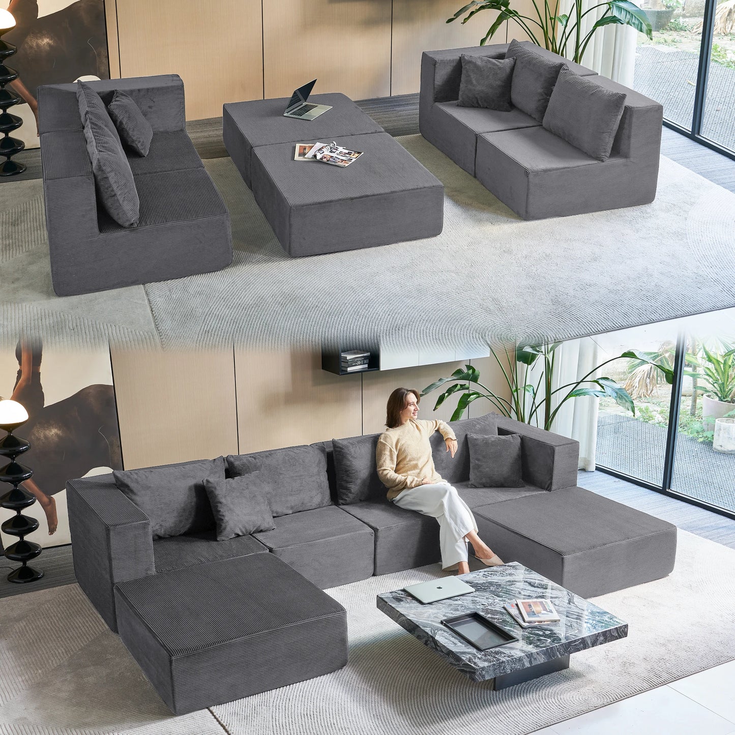 Large Modular Corduroy Sectional Sofa Sleeper Set