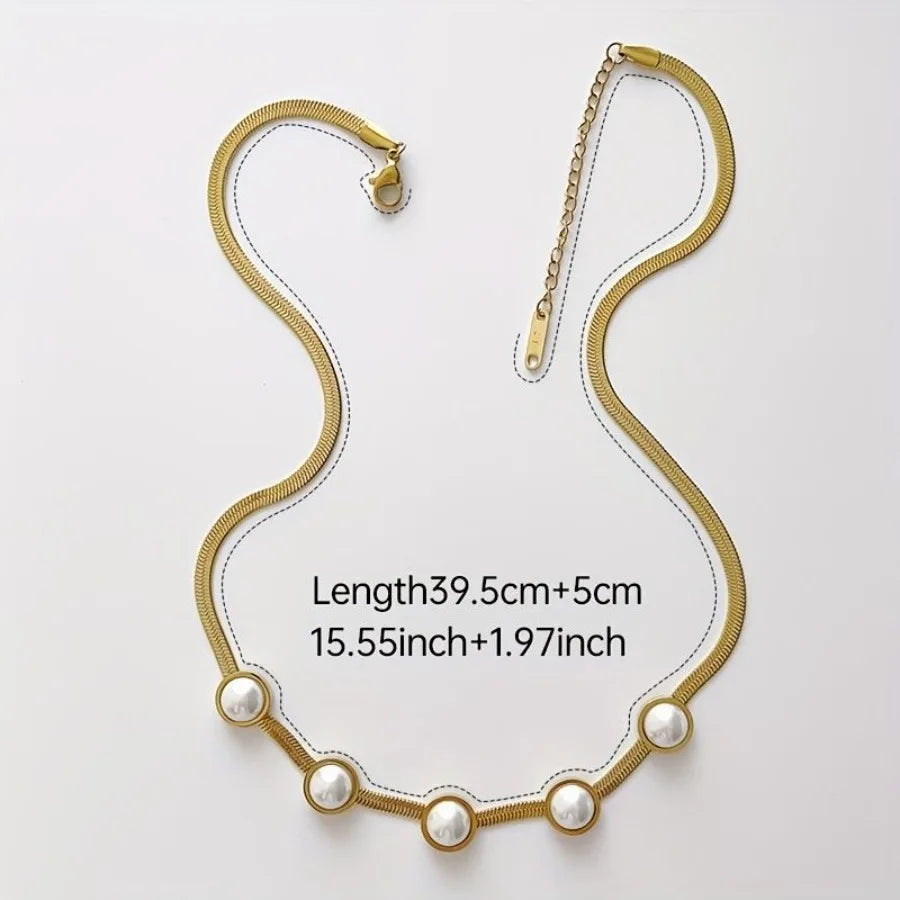 Titanium Steel Necklace Snake Chain With White Freshwater Pearl 18K Gold Plated Jewelry