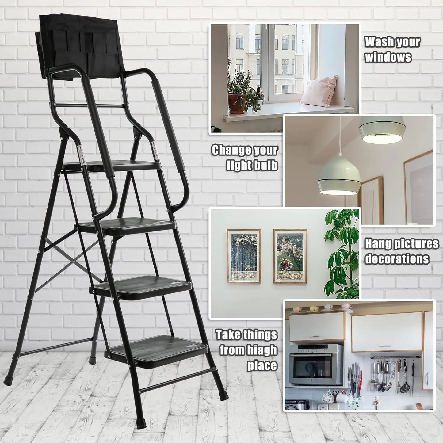 4-Step Folding Ladder with Handrails Steel