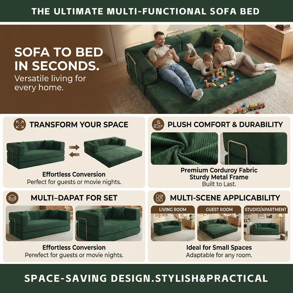 4-in-1 Queen Corduroy Futon Sofa Bed