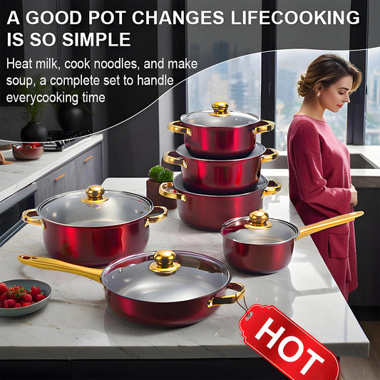 12-Piece Red Nonstick Stainless Steel Cookware