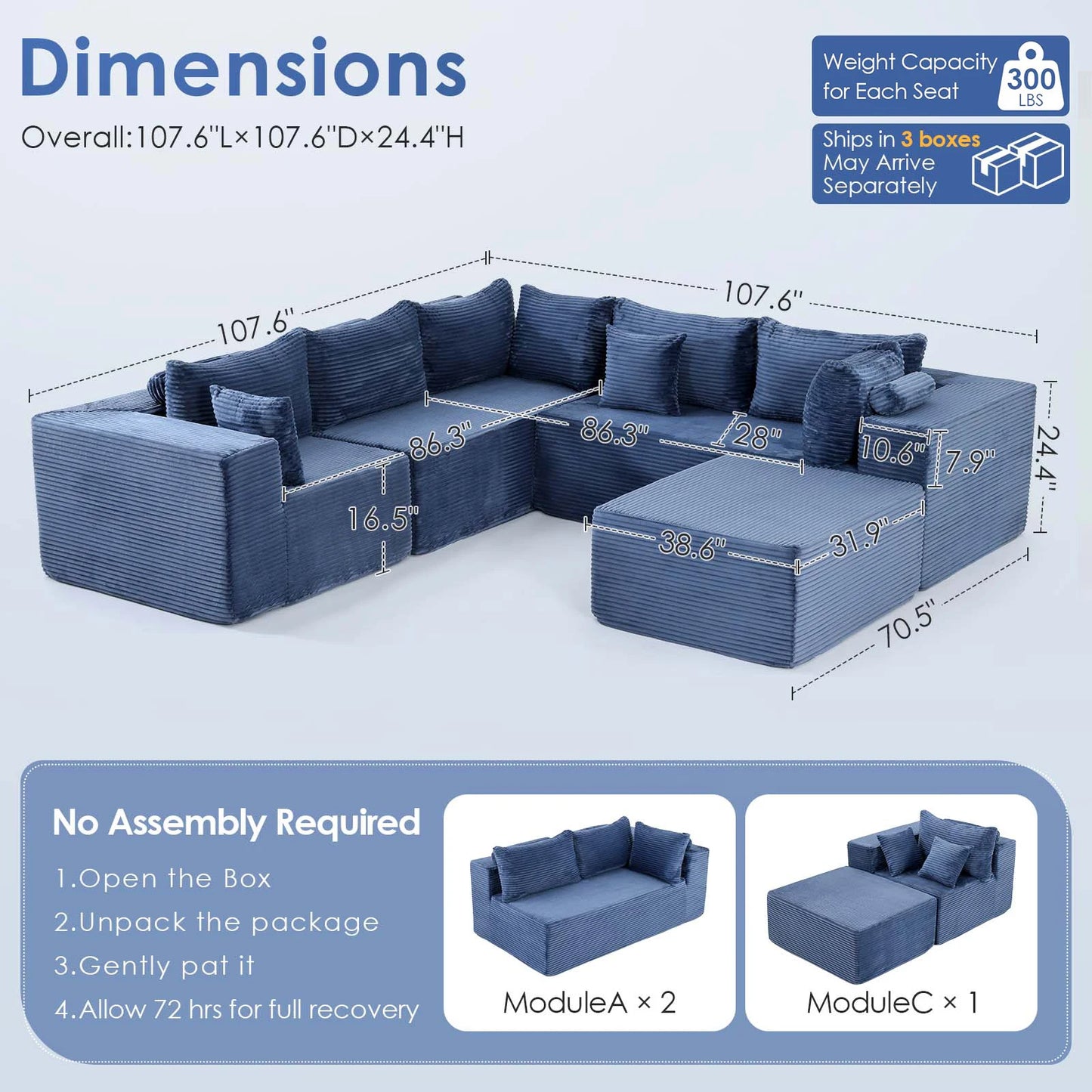 Redlife 107 Inch Blue Corduroy Modular Sectional Sofa