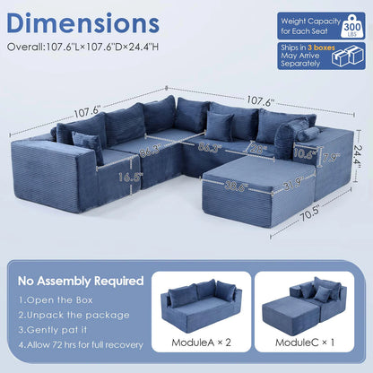 Redlife 107 Inch Blue Corduroy Modular Sectional Sofa