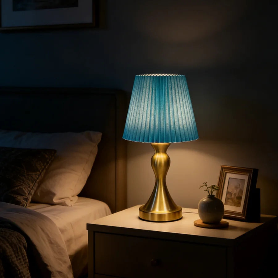 Pleated Fabric Table Lamp with Brass Base – USB Powered Accent Night Light