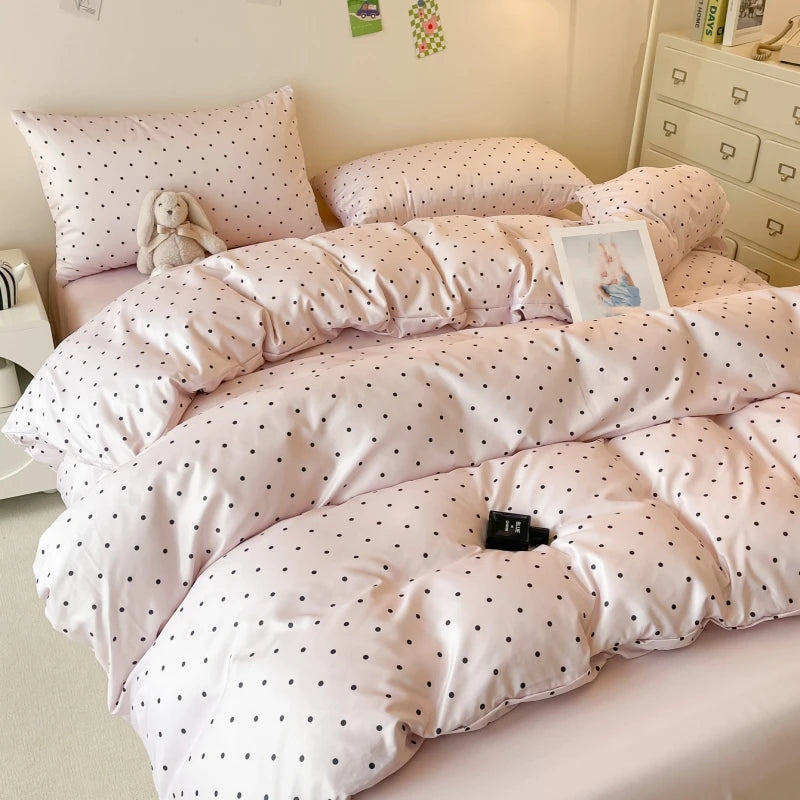 3-Piece Satin Duvet Cover Set – Soft & Silky Black Dot Print Bedding