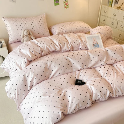 3-Piece Satin Duvet Cover Set – Soft & Silky Black Dot Print Bedding