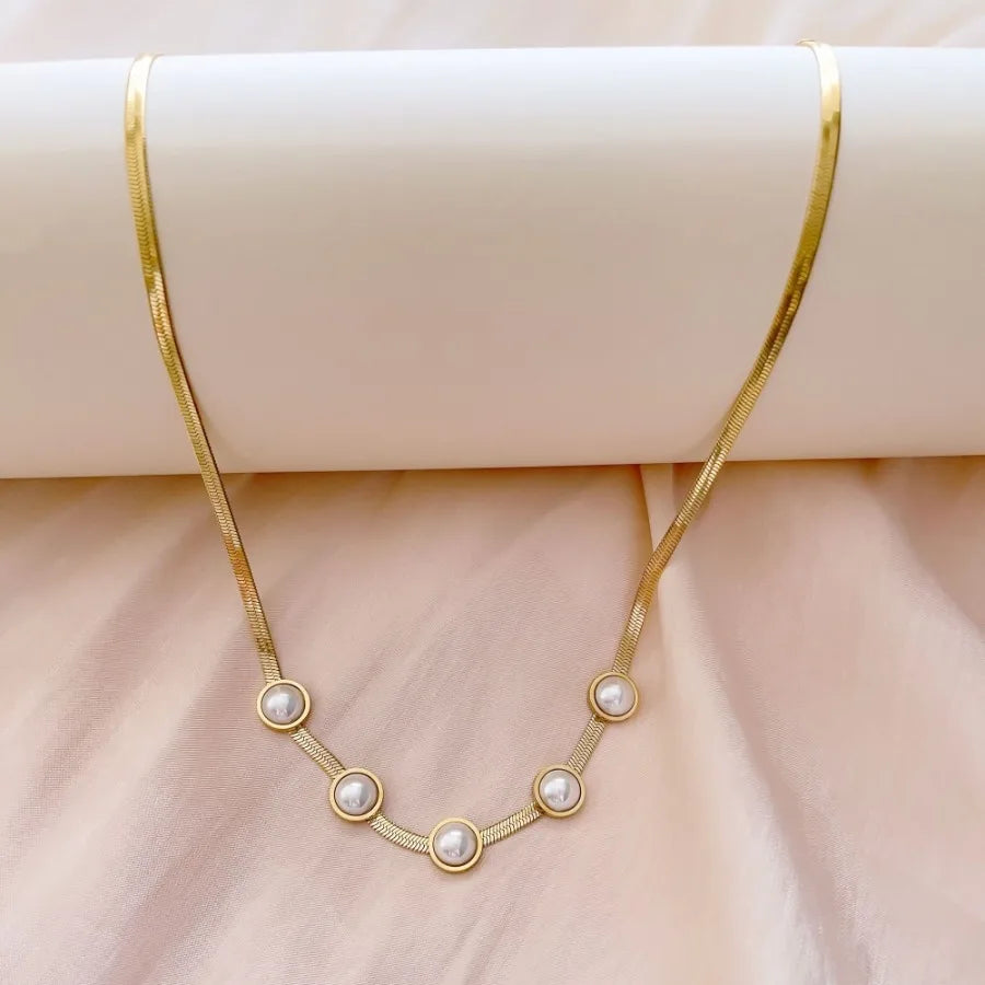 Titanium Steel Necklace Snake Chain With White Freshwater Pearl 18K Gold Plated Jewelry