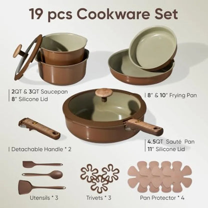 Ceramic Nonstick Cookware Set with Detachable Handle
