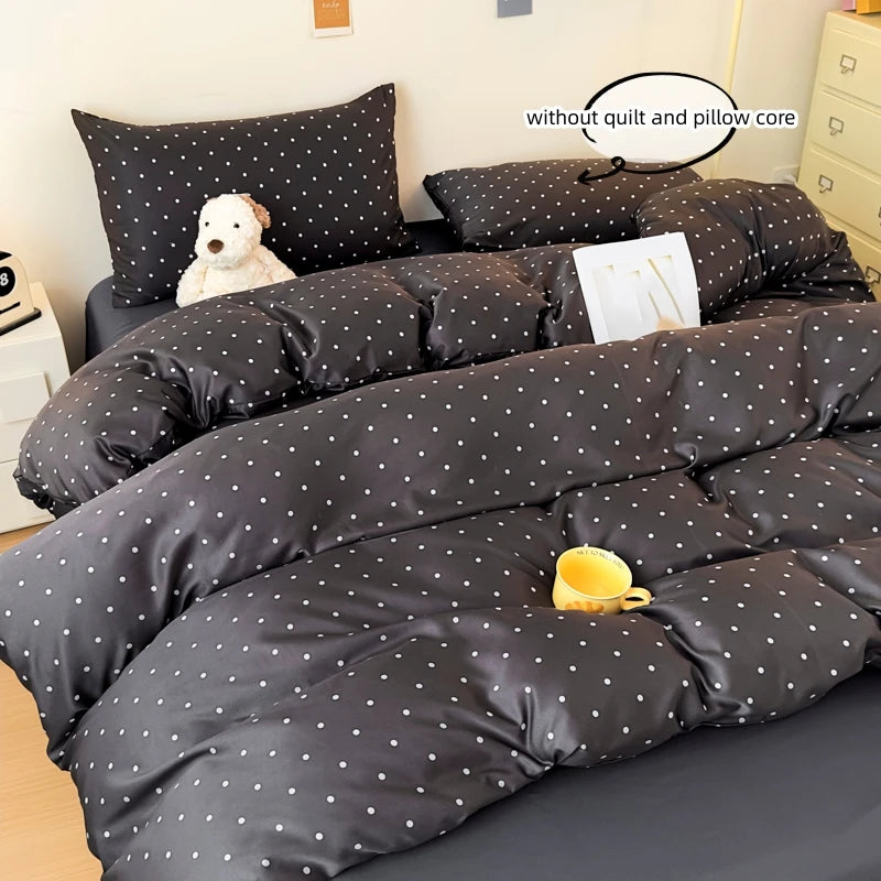 3-Piece Satin Duvet Cover Set – Soft & Silky Black Dot Print Bedding