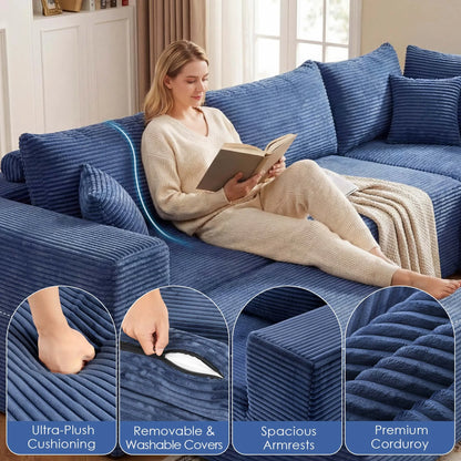 Redlife 107 Inch Blue Corduroy Modular Sectional Sofa
