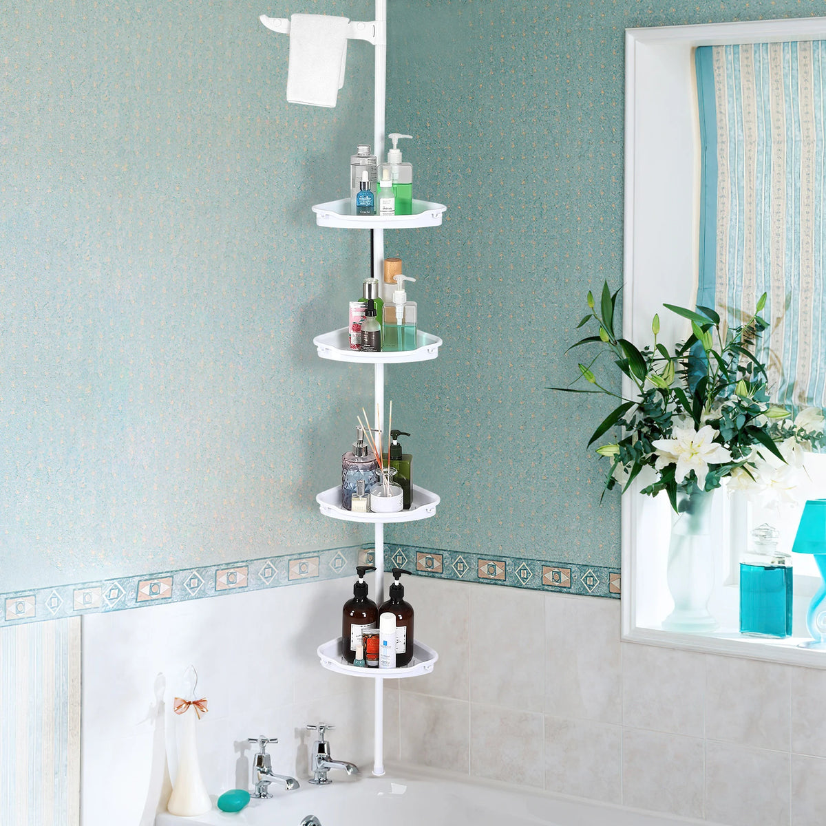 4-Tier Corner Shower Caddy – Extra Tall Adjustable Tension Pole (101.6"–122" H)