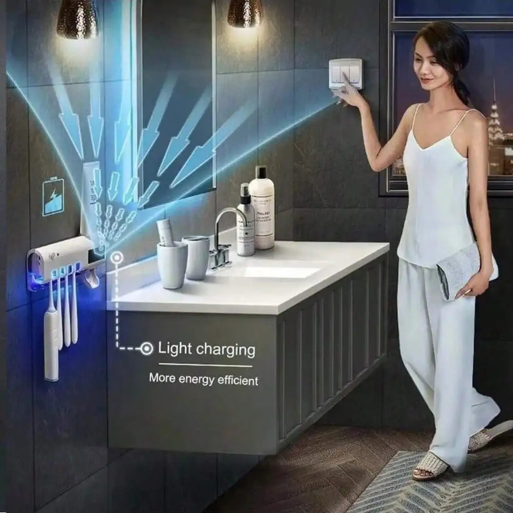 Wall-Mounted Smart Toothbrush Sanitizer – No-Drill Automatic Toothpaste Dispenser