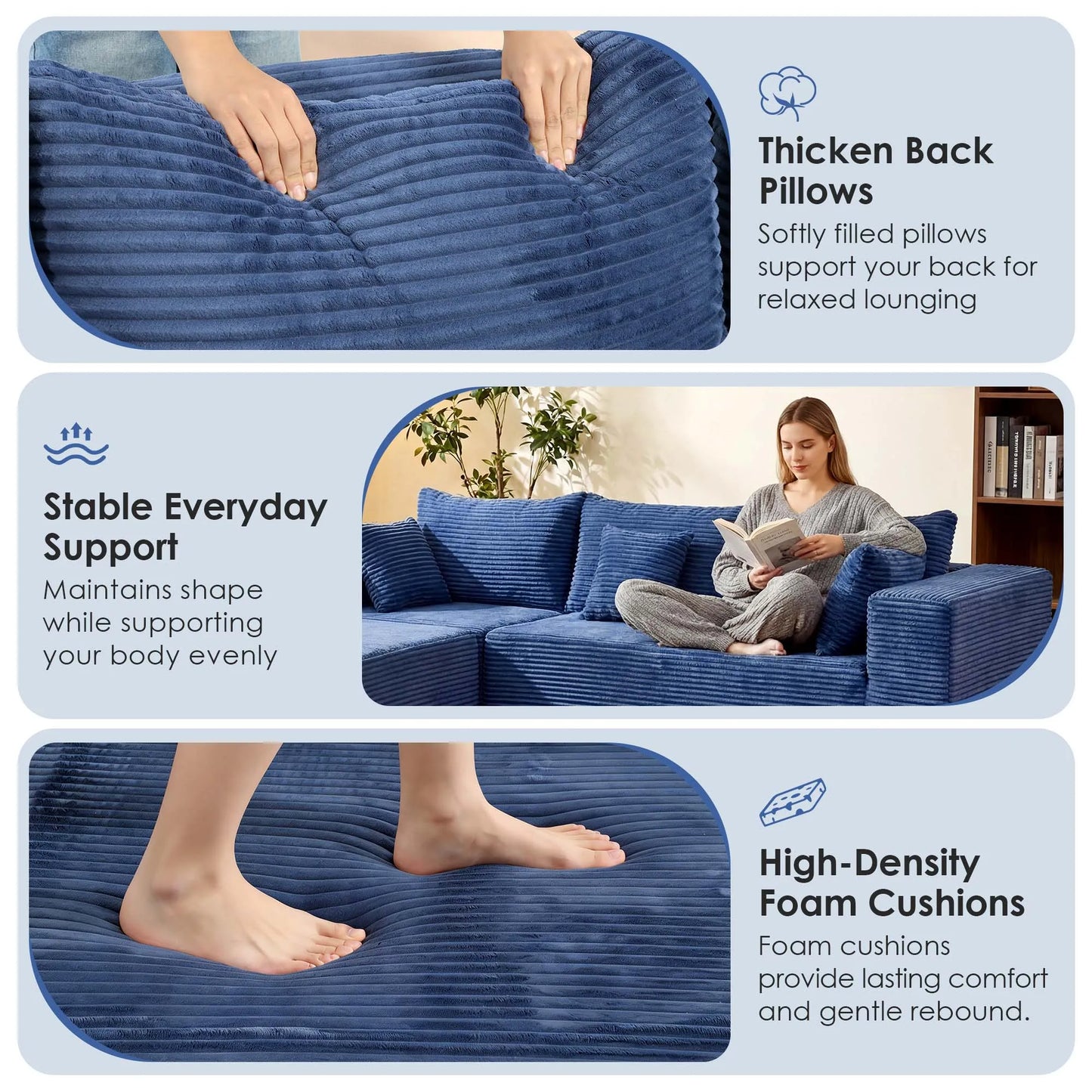 Redlife 107 Inch Blue Corduroy Modular Sectional Sofa