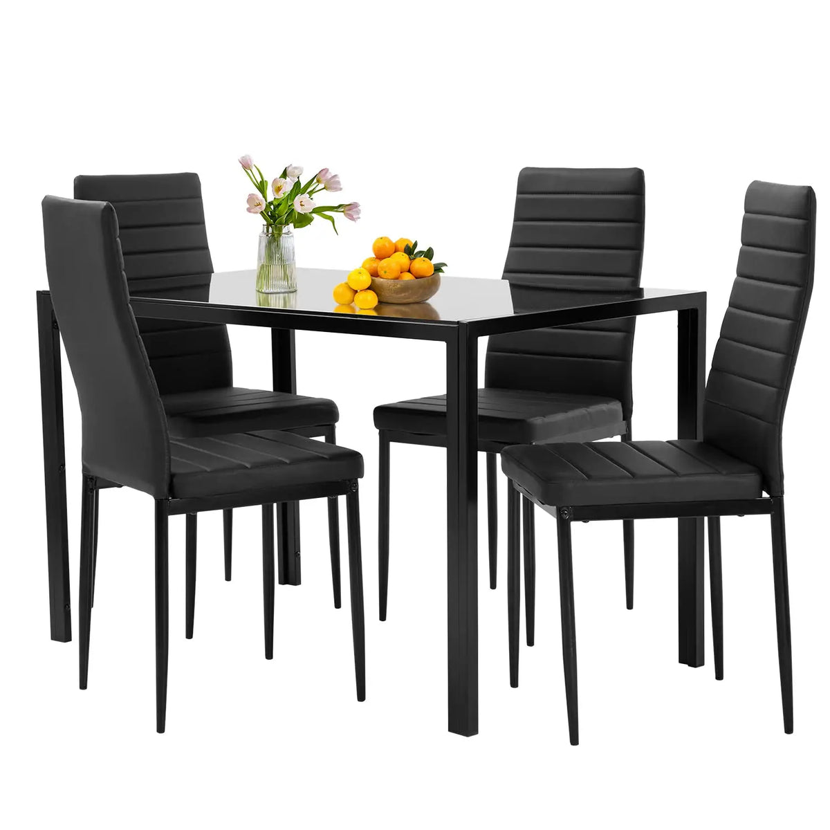 FDW  5-Piece Dining Table Set Glass Kitchen Table with 4 Upholstered Chairs and Faux Leather Cushions | Space-Saving