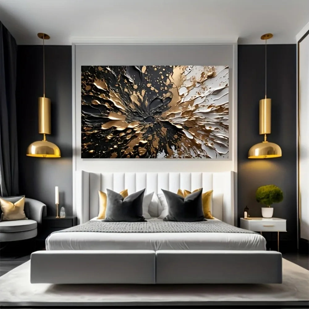 Modern Abstract Black Gold Ink Wall Art