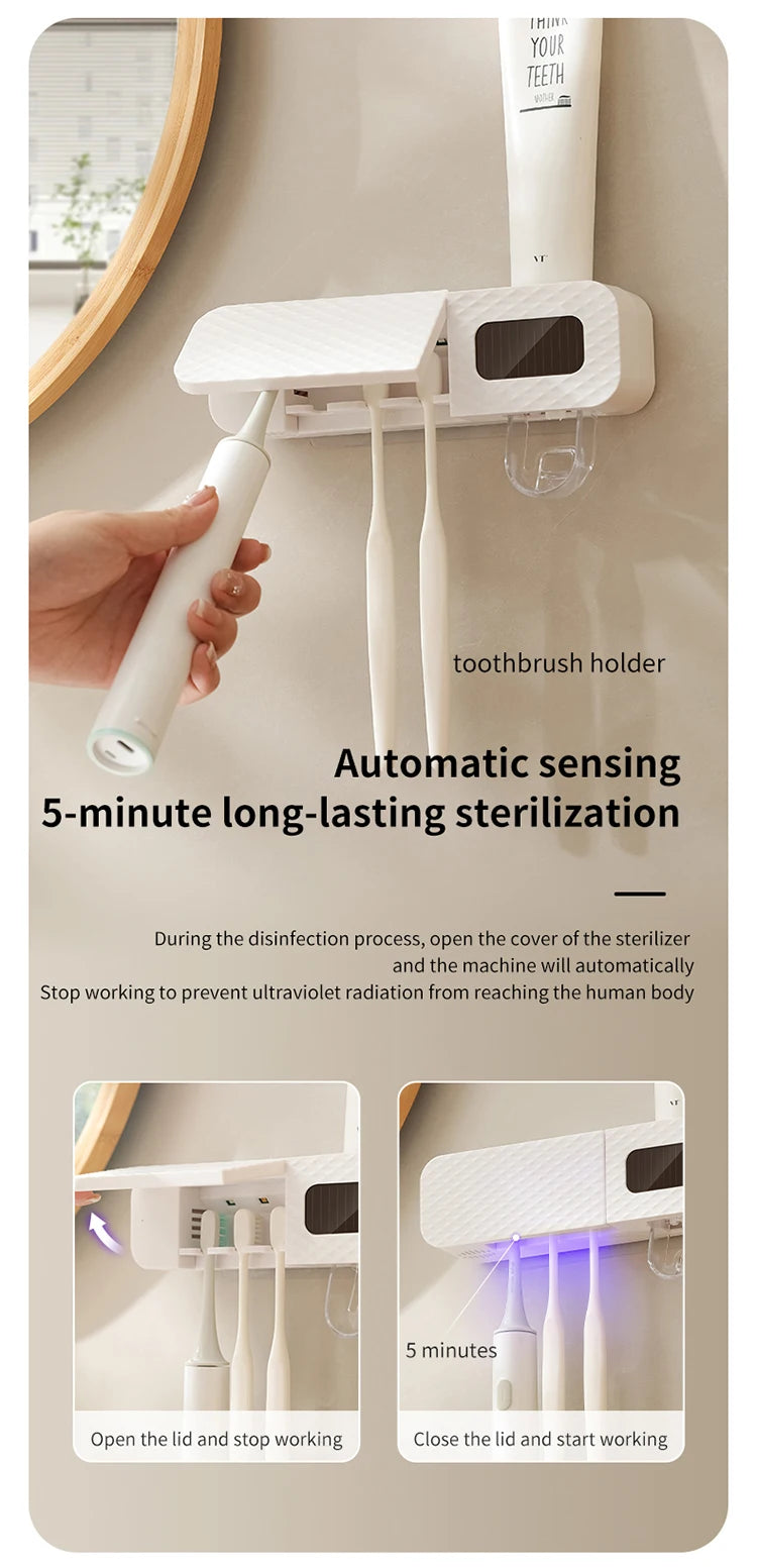 Smart Wall-Mounted Toothbrush Rack Toothpaste Dispenser 3-Slot