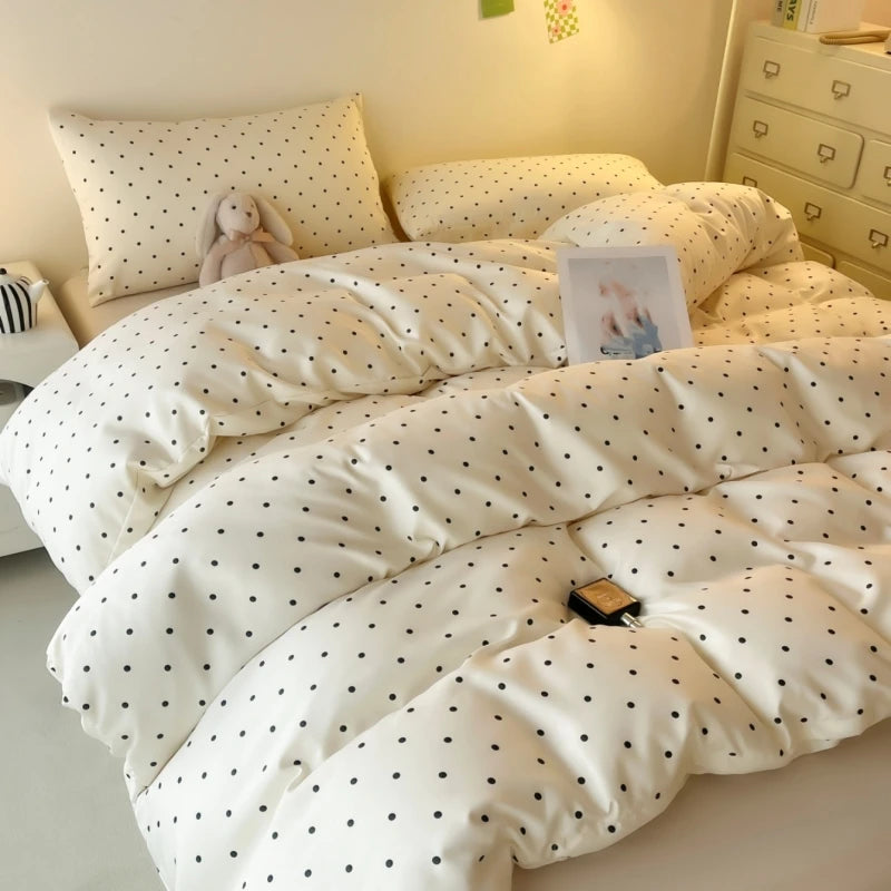 3-Piece Satin Duvet Cover Set – Soft & Silky Black Dot Print Bedding