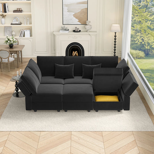 Black Velvet Modular Sectional Sleeper Storage Sofa