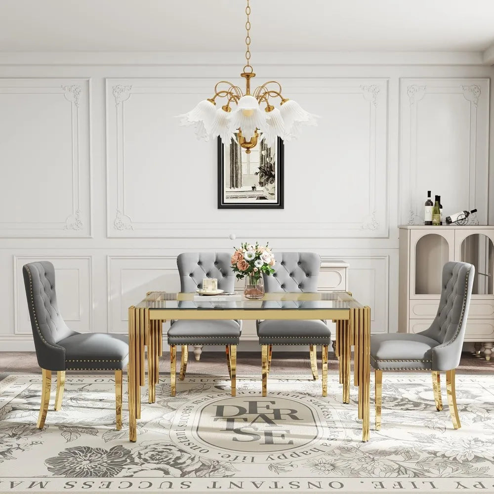 Glass Dining Table Set Gray Velvet Chairs