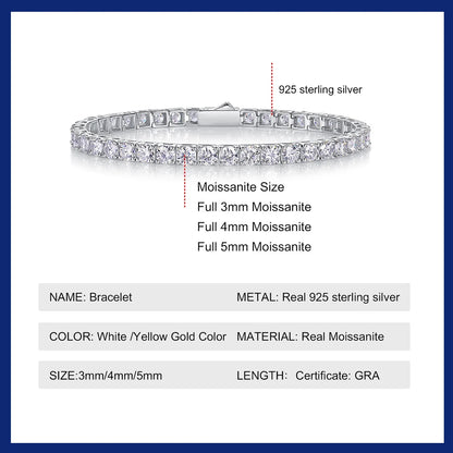 Sweetrain Moissanite Tennis Bracelet: 925 Sterling Silver & 18K Gold Plated
