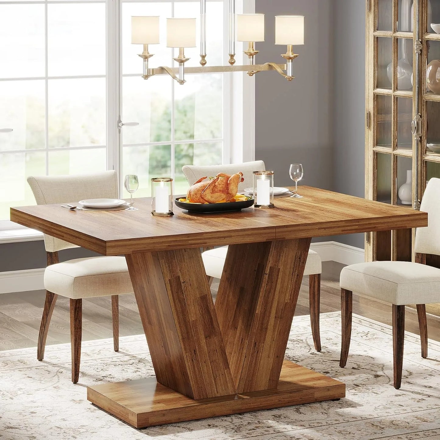 LITTLE TREE 47 Inch Farmhouse Pedestal Dining Table