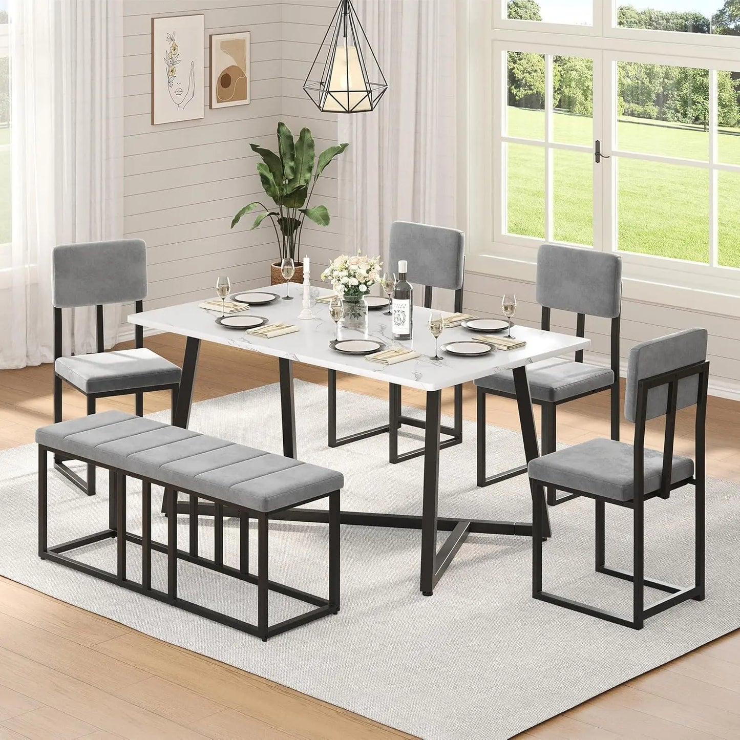Modern 5-Piece Dining Set Marble Table Chairs